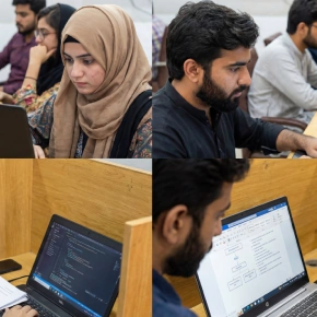 Students practicing freelancing skills on laptops in Chiniot digital skills institute